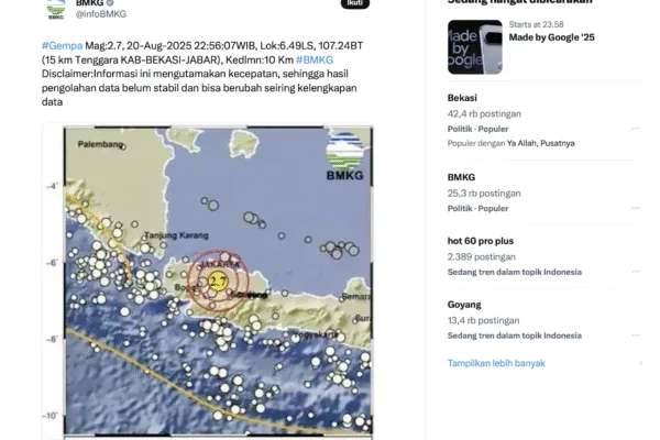 Gempa Hari Ini Jabodeptabek pusat di bekasi